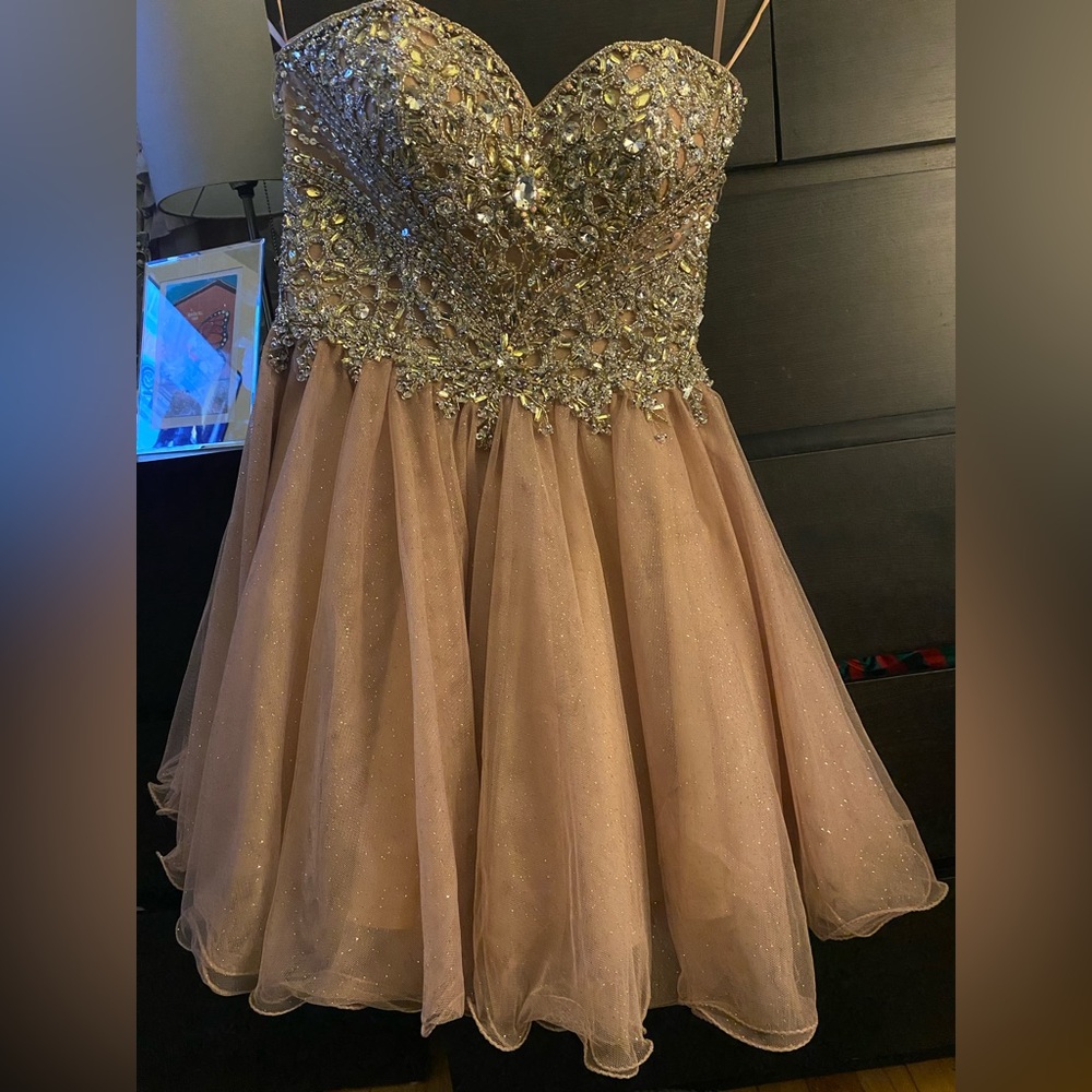 Jeweled prom dress . Knee length sleeveless